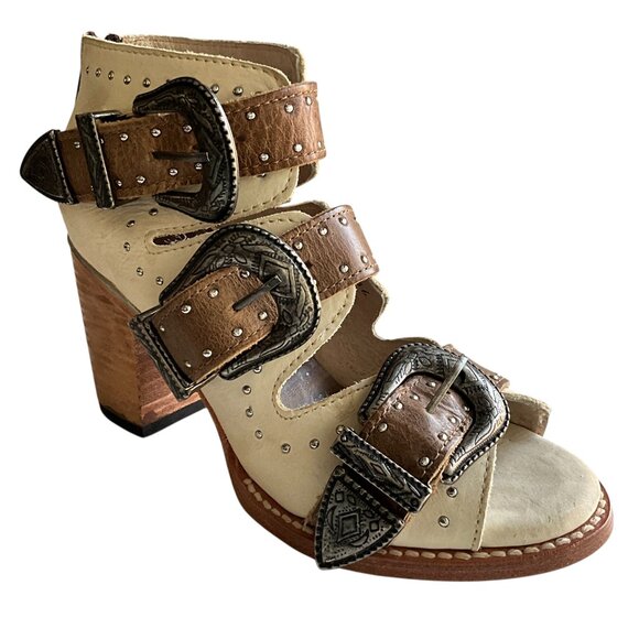 Freebird by Steven VIOLET All Leather Distressed Cream Brown Buckle Heels 7 - Picture 1 of 14